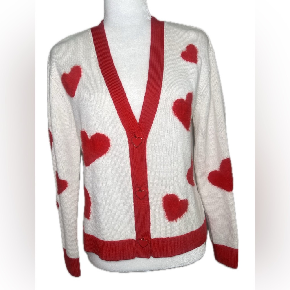 Alice + Olivia Bradley Intarsia White Red Heart VNeck Wool Blend Cardigan XS - Picture 6 of 14